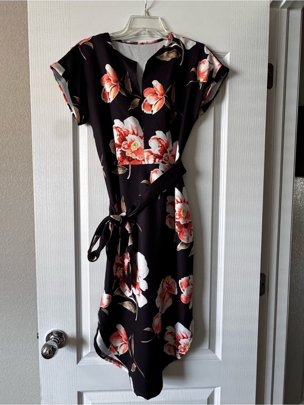 Floral Wrap-Style Black Dress with Coral Blooms